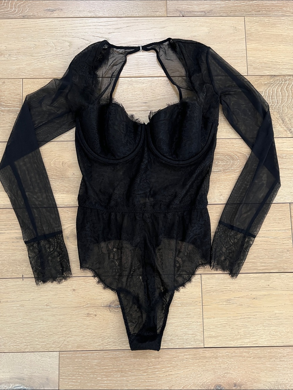 VS Black Lace Long-Sleeve Bustier Bodysuit